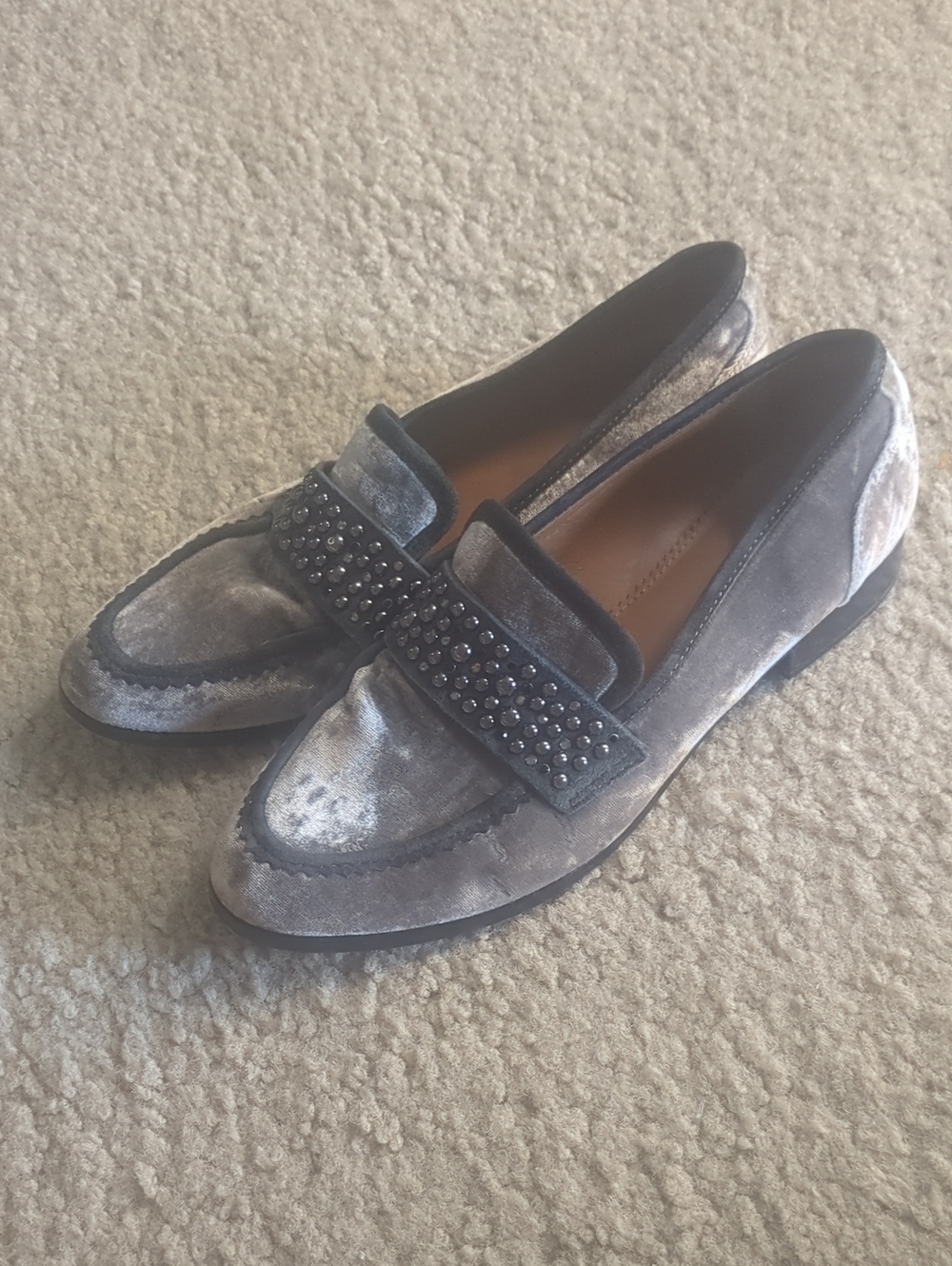 Gray Velvet Studded Loafers for Women